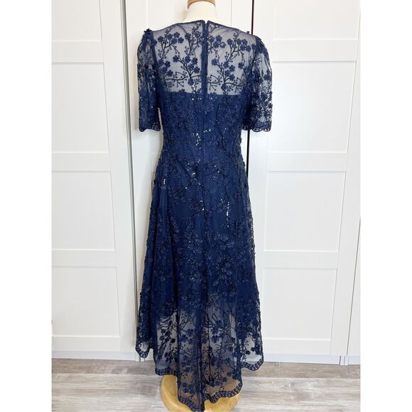 Teri Jon By Rickie Freeman Womens Blue 3D Embroidered Lace Midi Dress Size 14 - Picture 5 of 8